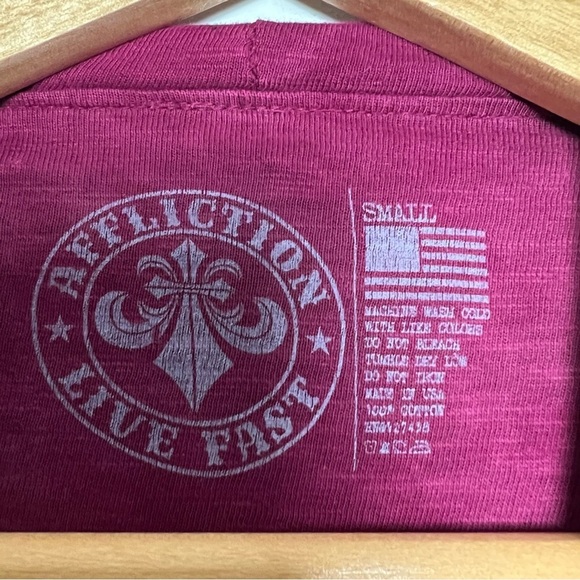 Affliction 90s Burgundy Long Sleeve Hoodie Spell Out Top Embellished Angel Wings - Picture 4 of 15